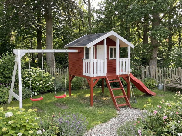 lille bo legehus med gynger og rutchebane fra www.sølundhuse.dk
